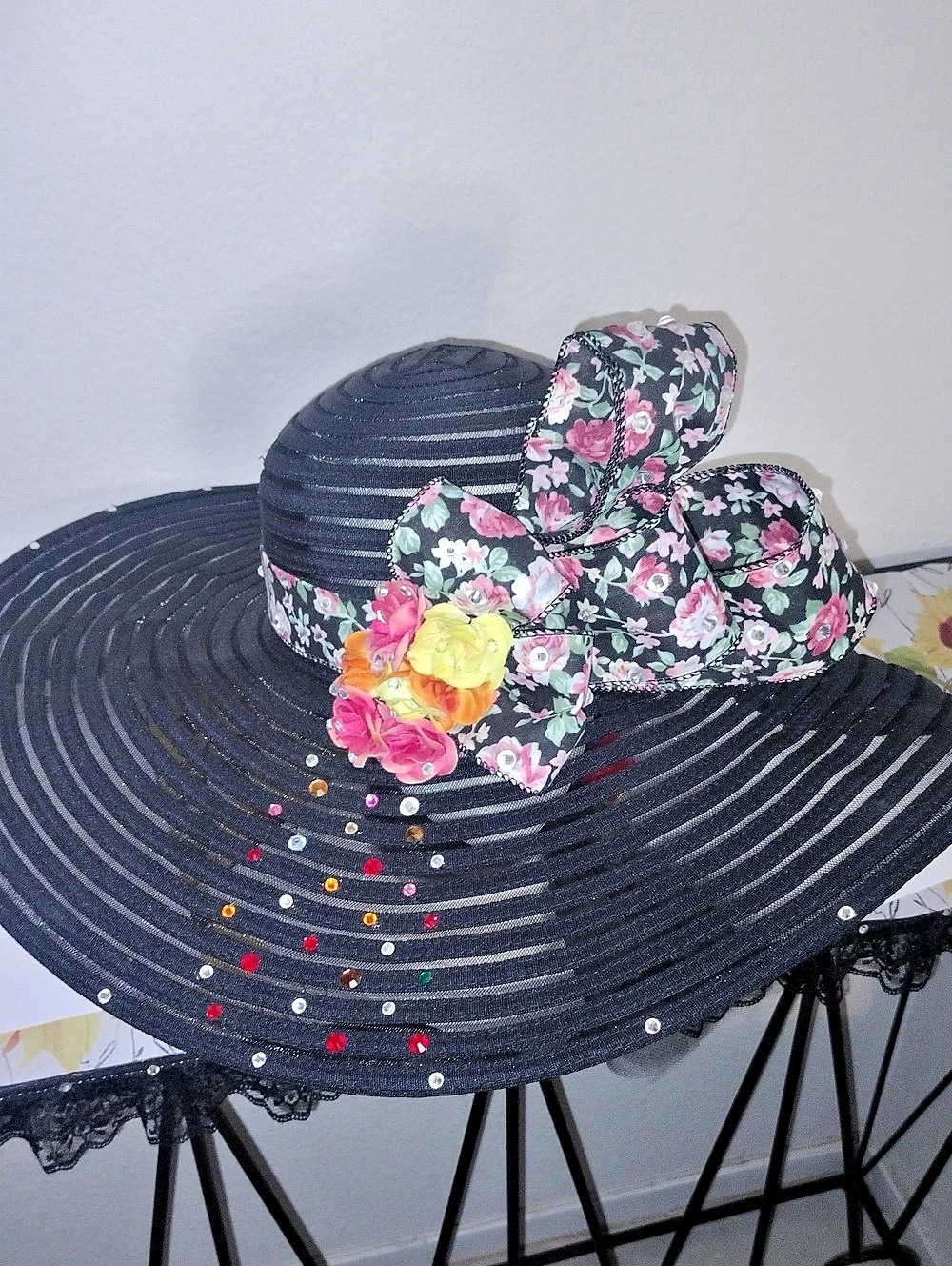 Black Floral Wide Brim Hat decorated with crystals